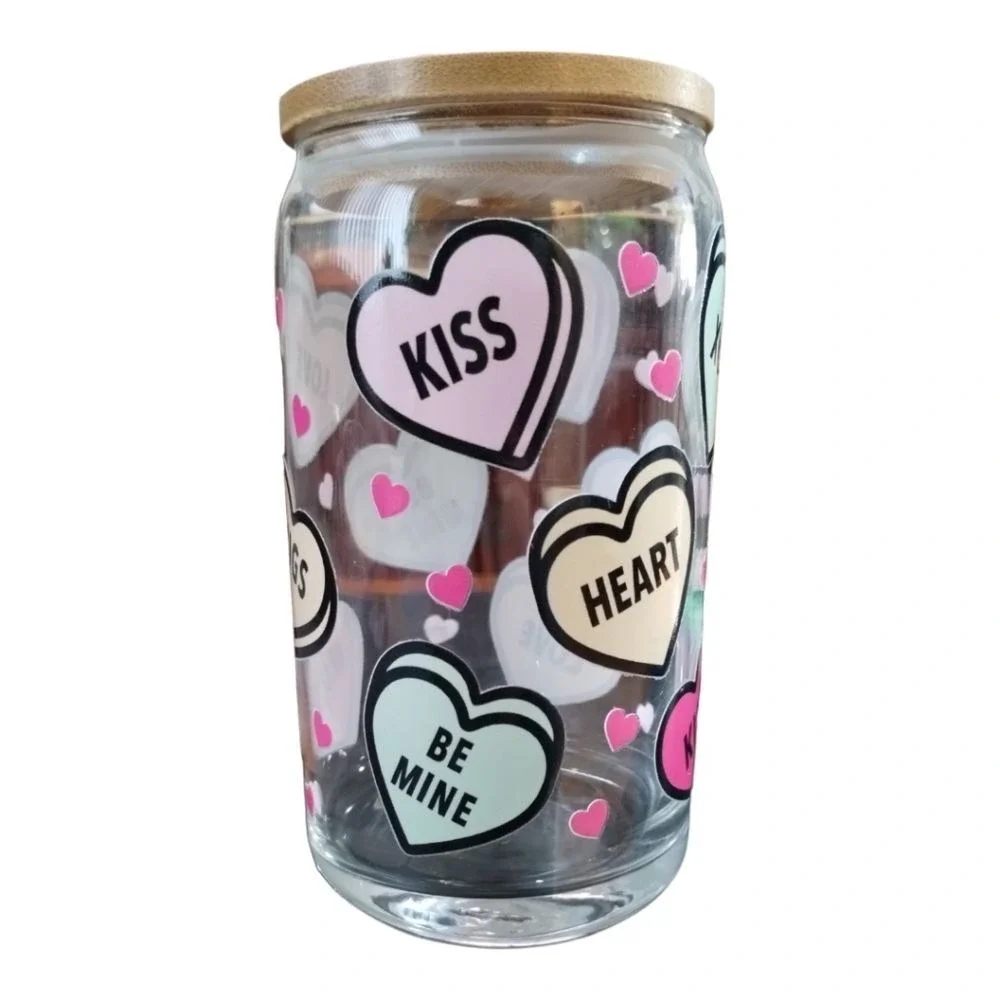 Conversation Heart Glass Can Cup Tumbler Valentine Day Gift Bamboo Lid UVDTF